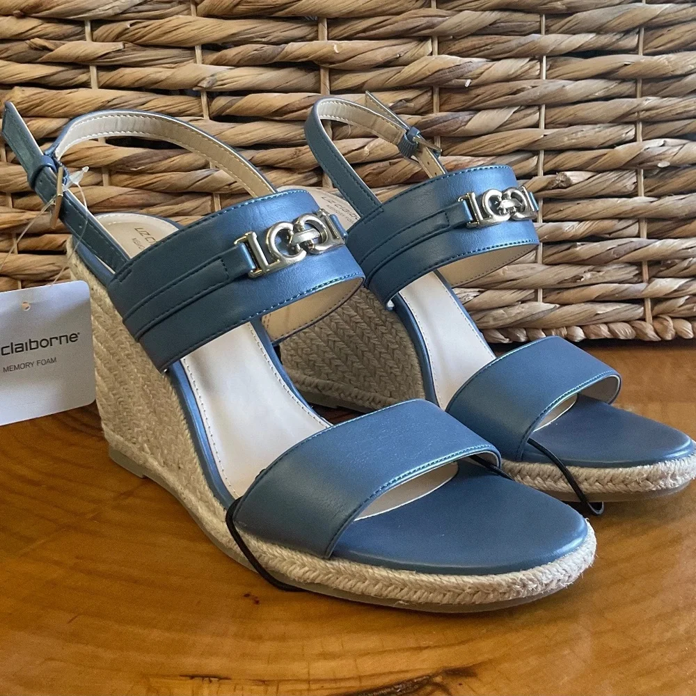 Liz Claiborne Women’s Amaro Blue Summer Vegan Leather Espadrille Wedge Size 10